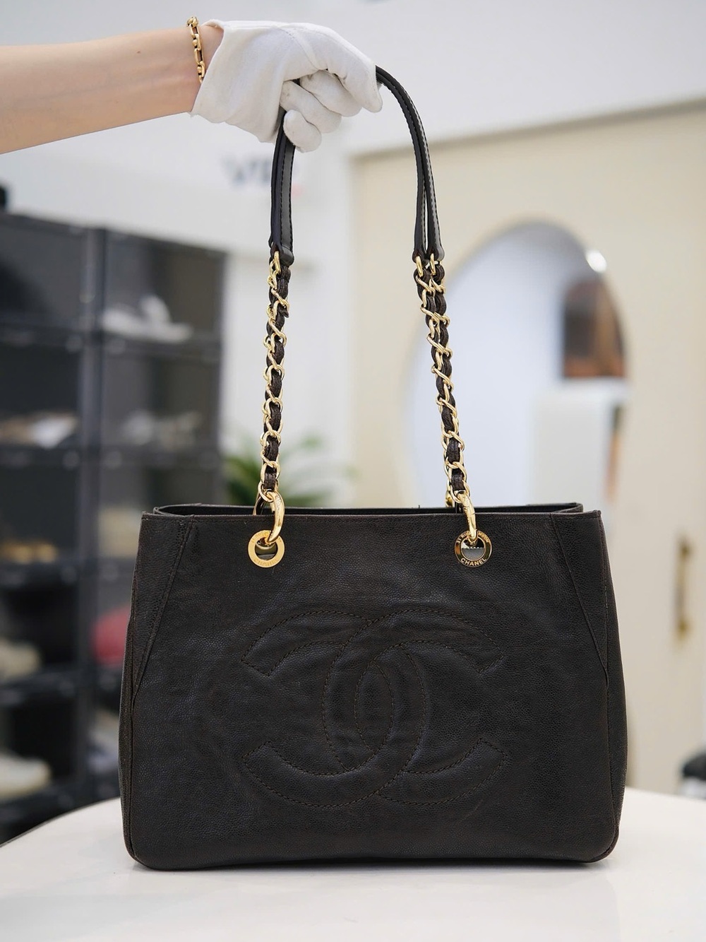 CHANEL Black Quilted Caviar Leather Chain-Handle Shoulder Tote